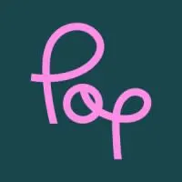 Pink cursive "pop" logo on teal background