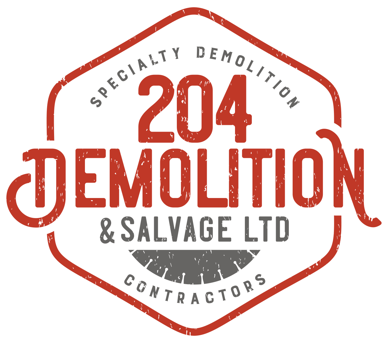 Red and gray 204 Demolition & Salvage logo