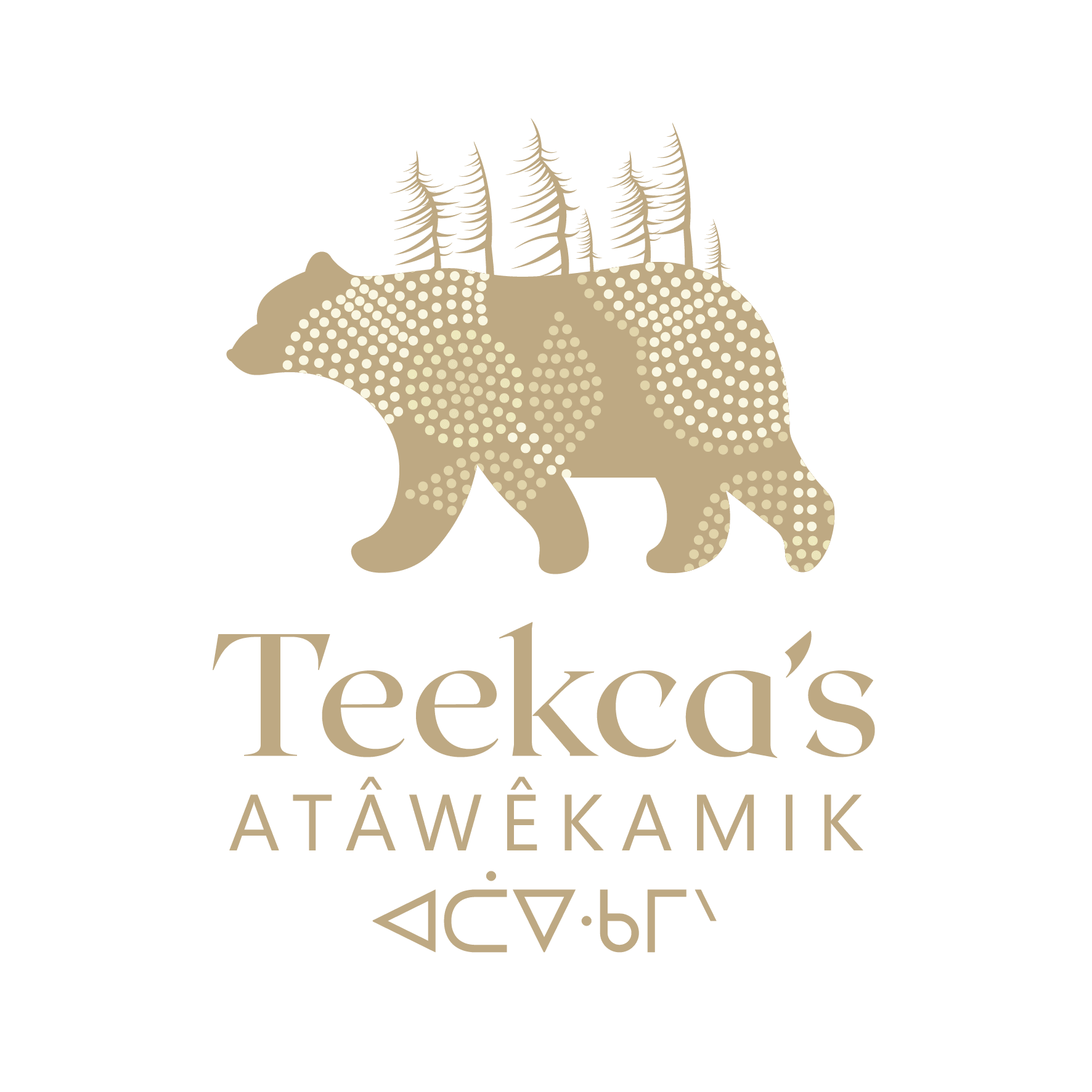 Stylized gold bear logo with trees and text