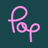Pink cursive "pop" logo on teal background