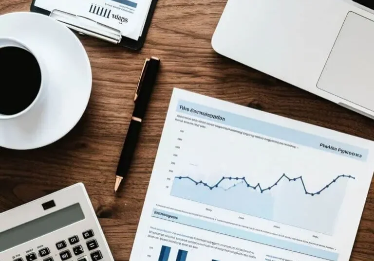Business desk with charts and laptop