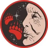 Moon face emblem with red bear pawprints