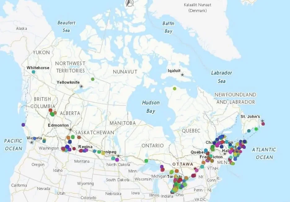 Colorful dots on Canada map